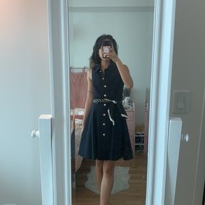 Vintage sarah phillips navy pleated suit dress with gold embellished buttons